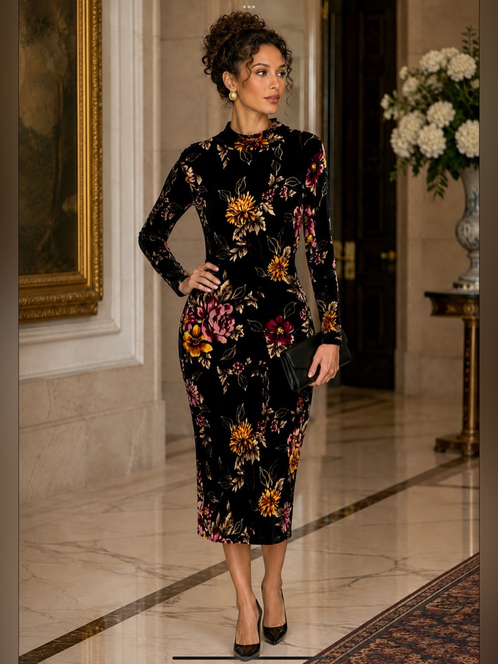Venus Sz SM Black Velvet Bodycon Midi Dress Long Sleeve Mock Neck Floral Y2K - Picture 2 of 16